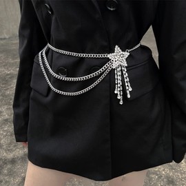 Jumwrit Rhinestone Chain Belt Silver Layered Waist Chain Adjustable Metal Body Link Belt Sparkle Tassel Chain Big Star Belly Chain Boho Party Beach Body Jewelry Accessories for Women and Girls