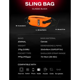 JEMINAL Sling Bag: Diamond-Grid Pattern 4L Light Spacious Crossbody Shoulder Everyday Carry Bag with Quick-adjust Strap - Double Layered Fabric Funny Pack for Men, Women, Travel, Sport (Orange)