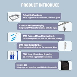 9 Pack CPAP Tube Cleaning Kit, Collapsible Wash Basin,CPAP Hose Hanger,CPAP Hose Holder for Bed,CPAP Tube Clips,Tube & Mask Cleaning Brush Fits for Standard 15-22mm Diameter Tubing with Storage Bag