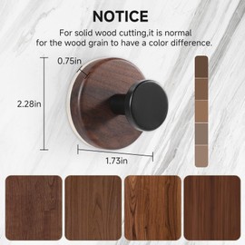 SEIUCAN Walnut Suction Cup Hooks - Waterproof No Drill Removable & Reusable Wreath Hanger Wood Wall Hooks for Bathroom Kitchen Tile Glass and Door, Unique Grain Each - 3 Pack(O)