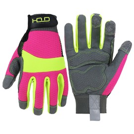 HANDLANDY Anti Vibration Gloves Hi-vis Reflective Safety Work Gloves for Women, Non-Slip Touch Screen Gloves, Breathable Flexible Garden Gloves (Hi-vis Pink, L)