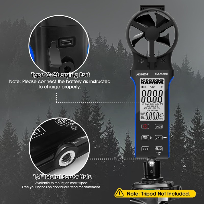 AIOMEST CFM Wind Handheld Anemometer Waterproof Digital Wind Speed Meter