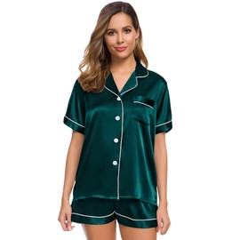 Swomog Satin Pyjamas Women's Short Pyjamas with Button Women’s Silk Sleepwear V-Neck Two Piece PJ Sets Leisure Suit, dark green