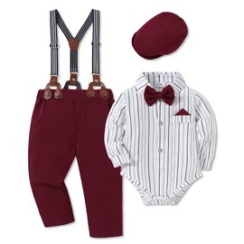 WESIDOM Baby Boy Clothes Suit 0-24M Newborn Infant Gentleman Formal Outfit, Dress Shirt+Bowtie+Beret+Suspender Pant Set