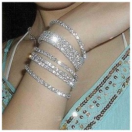 Dervivea Boho Sparkling Tennis Chain Bracelet Rhinestone Bracelet Hand Chain Silver Crystal Bracelet Elastic Rhinestone Chain Bracelet Jewellery for Women and Girls (1 Row + 2 Rows)