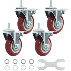 Finnhomy Swivel Caster Wheels 4 Inch Threaded Stem Casters Set of 4 Heavy Duty 3/8"-16 x 1 with Brake Polyurethane Industrial Locking Castors Wheels for Cart/Furniture 2200 Lbs Smooth Casters, Red