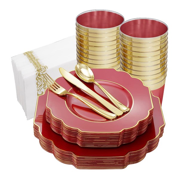 Hioasis 140pcs Red Plastic Plates，Gold Plastic Plates Served for 20 Guests include 20 Dinner Plates,20 Dessert Plates,20 Knives,20 Forks,20 Spoons,20 Cups,20 Napkins for Christmas&Weddings&Parties