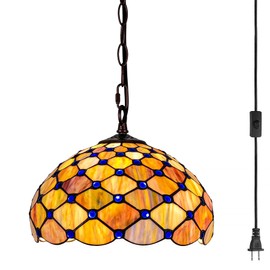 GILGGAK Tiffany Style Stained Glass Pendant Light Plug in, 12" Wide Pearlescent Design Hanging Lamp, 60 Inch Chain 15 Feet Cord Living Dining Room Bedroom Kitchen Home Office (Stained Green)