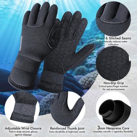 PAWHITS Wetsuit Gloves, 3mm Neoprene Gloves with Adjustable Straps, 5-Finger Thermal Non-Slip Swimming Glove for Scuba Diving Surfing Paddling Kayaking (L)