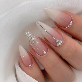 ANDGING Ombre White Almond Press on Nails Short Medium Pink Glue on Nails with Rhinestone Bling Designs Glitter Manicure Fake Nails False Nails for Wedding Fantasy Acrylic Stick on Nails for Women