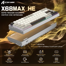 ATTACK SHARK X68MAX HE 60% Wired Magnetic Switch Keyboard,Full Aluminum CNC,0.005mm RT Accuracy,8KHz Rapid Trigger Mechanical Gaming Keyboard,Adjustable Actuation,with RGB Coiled Cable for PC/MAC,Star