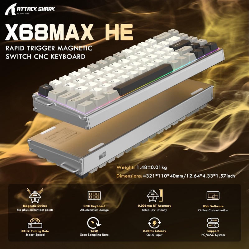 ATTACK SHARK X68MAX HE 60% Wired Magnetic Switch Keyboard,Full Aluminum