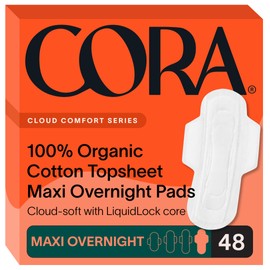 Cora Cora 100% Organic Cotton Topsheet Maxi Pads | Maxi Period Pads with Wings | Maxi Overnight Absorbency | Unscented, Comfortable, Powerfully Absorbent, Leak Protection (48 Count)