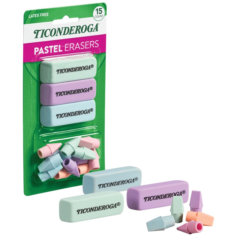 Ticonderoga Assorted Erasers, Pastel Colors, 15 Count