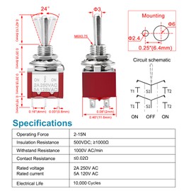 Heschen Mini Toggle Switch, MTS-223, (ON)-Off-(ON) Momentary Type, DPDT, 6 Pin, 2A 250V, 6A 125V, Pack of 5