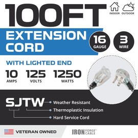 Iron Forge Cable 100 ft Flat Plug Extension Cord with 3 Prong, Flat Right Angled Plug Black Cord for Outdoor, 16/3 SJTW Weatherproof 100ft Long Cable with Lighted End