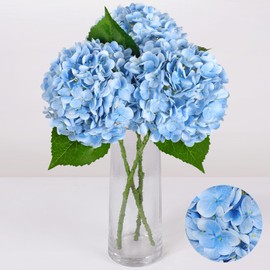 HKKDKTA Blue Hydrangea Artificial Flowers for Outdoors, 3PCS Faux Hydrangea Flowers Real Touch Hydrangea Fake Flowers Bouquet for Table Centerpieces Wedding Indoor Home