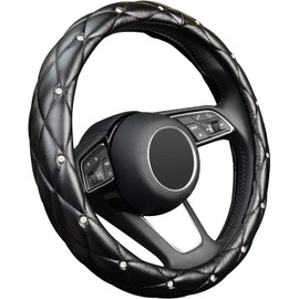 AZULDIMEN Funda para volante de piel con diamantes, diamantes de imitación de cristal universales, funda suave antideslizante para volante de coche, para mujeres y niñas, ajuste de 15 pulgadas (Nergo)