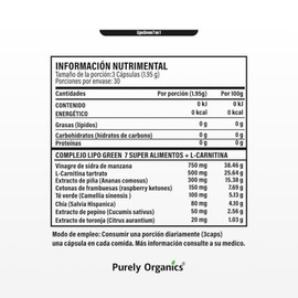 Purely Organics | LipoGreen 7 en 1 | Vinagre de Manzana, L-Carnitina y Extractos Naturales | 90 Cápsulas
