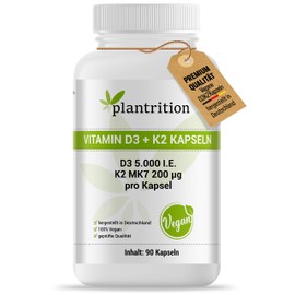 plantrition Vitamin D3 K2 Capsules Vegan 5000 IU + 200mcg Vitamin K2 MK7 High Dose Vegetable Vitamin D3 Made from Lichens and K2-90 Capsule.