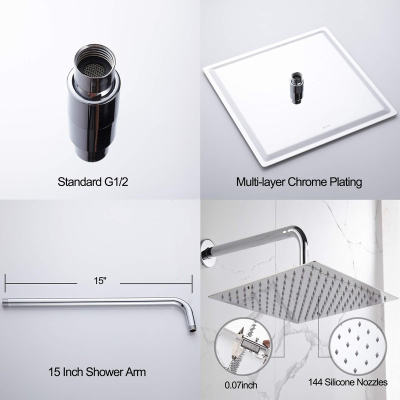 RODDEX Square Rain Shower Head, High Pressure Rainfall Showerhead, Large