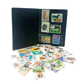 IMPACTO COLECCIONABLES – 100 Dog & Cat-Themed Stamps Collection with Included Album (5.5 x 7 x 0.4 in) | Enhance your philatelic collection with postmarked stamps in a compact and elegant album