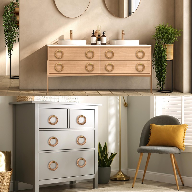 QNNEFF 6PCS Nautical Twisted Jute Rope Drawer Pulls Brushed Brass