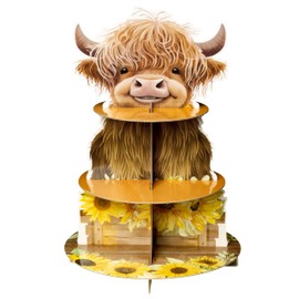 Salovio Highland Cow Cupcake Stand - 3 Tiers Highland Cow Cupcake Stand Baby Highland Cow Birthday Party Cardboard Cupcake Holder Decorations Party Animals Party Supplies for Kids Themed Baby Shower