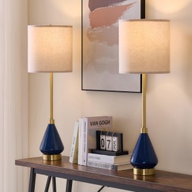 32" Blue Gold Buffet Table Lamps for Living Room Set of 2, Ceramic Buffet Lamps Set of 2 for Console Table, Tall Navy Blue Lamps Set 2, Contemporary Candlestick Lamps for Hallway, Credenza, Bedroom
