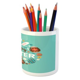 Ambesonne Easter Pencil Pen Holder, Spring Holiday Pattern with Ornate Eggs Blossoming Flowers Bunny Ears Hand Lettering, Printed Ceramic Pencil Pen Holder for Desk Office Accessory, Multicolor