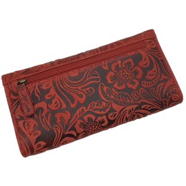 myledershop Large Leather Womens Purse with Beautiful Liana Pattern with fold-Out Compartment with RFID & NFC Blocking (Cherry Red)