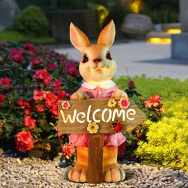 WONDHOME 22" Solar Large Rabbit Statue Garden Decor Resin Standing Bunny Statue with Welcome Sign Outdoor Bunny Decor for Porch Patio Lawn Yard Christmas Gardening Housewarming Gifts, Pink Rabbit