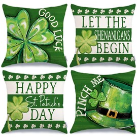 GEEORY Happy St. Patrick's Day Pillow Covers 16 x 16 Inch Set of 4, Green Shamrock Good Luck Leprechaun Hat Pinch Me Farmhouse Throw Pillowcases for Home Sofa Couch Cushion Decoration G431-16