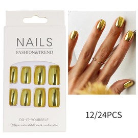 Square Press On Nails Medium Fake Nails Chrome False Nails With Mirror Metallic Design Gold Glue On Nails Artificial Acrylic Nails Glossy Full Cover Reusable Stick On Nails For Women 24pcs