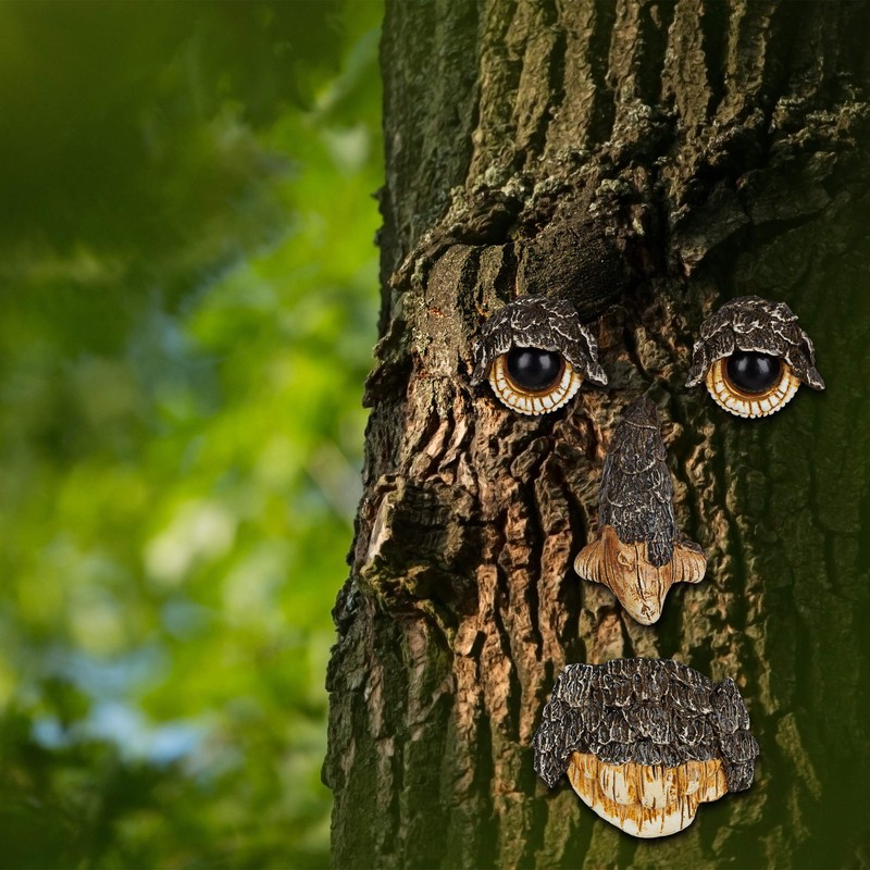 Relaxdays Tree Face Nature Spirit, 4 Pieces, Tree Trunk Decoration,