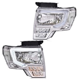 Projector Headlights Assembly LED Compatible with Ford F150 2009-2014 LED Tube Dual Projector Clear lens Chrome Housing Clear Reflector