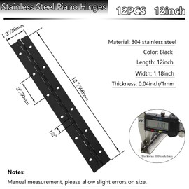 12PCS 12Inch Black Continuous & Piano Hinges, 1.2'' Open Width Heavy Duty Piano Hinge with Holes, 304 Stainless Steel 0.04'' Folding Hinges for Storage Boxes Cabinets Door Piano