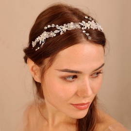 BERYUAN Crystal Rhinestone Pearls Wedding Headband Flower Leaves Crystal Pesrls Bride Hair Vine Silver Bride Headpiece Wedding Hair Accessories for Wedding Women and Girls