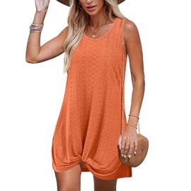 BKRIVE Swimsuit Coverup Summer Dresses for Women 2025 Eyelet Crew Neck Loose Sleeveless Sundresses Twisted Dresses Orange L