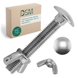 DSM - Carriage Bolts M5 x 100mm DIN 603 - M5 Wing Nut DIN 315 - A2/V2A Stainless Steel - Full Thread - Round Head Square Head Screws - Butterfly Nut - Pack of 5