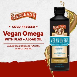 BARLEAN'S Vegan Omega Liquid Flax and Algae Oil Plant Based EPA DHA Supplement from Algal Oil and Organic Flaxseed, Omegas 3 6 and 9 Fatty Acid Supplements, 16 Ounces