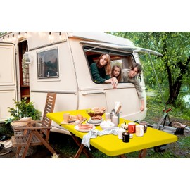 homing 2 Pack Rectangle Fully Waterproof Tablecloth, Elastic Fitted Fabric Table Cover for 6 Foot Tables, Washable Polyester Table Cloth for Picnic, Camping, Outdoor (Yellow, 30" x 72")