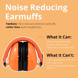 TacGuru 130 Solid Color Edition - Kids Hearing Protection Safety Earmuffs - Passive Noise Reducing Ear Protection for Kids - Neon Orange
