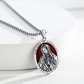 YueYuan Guadalupe Necklace 925 Sterling Silver Religious Necklace Guadalupe Pendant Jewellery Wooden Chain For Men