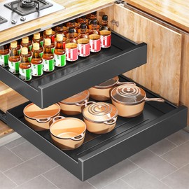 2Pack Pull out Cabinet Organizer,21"Deep, 20"Wide Large Heavy Duty Slide out Drawers Fixed with Adhesive Nano Film,Roll Out Shelves Sliding Cabinet for Kitchen,Bathroom,Pantry,Under Sink(Black)