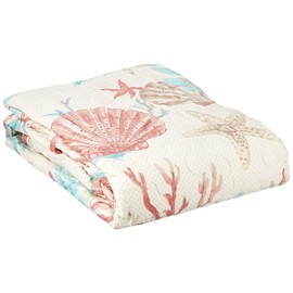 Madison Park Pebble Beach Luxury Oversized Cotton Quilted Throw Coral Aqua 50x70 Coastal Premium Soft Cozy Cotton Sateen For Bed, Couch or Sofa