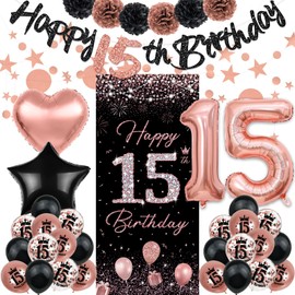 TSVATE Rose Gold 15th Birthday Decorations - Banner, Backdrop, Balloons, Pompoms & Star Streamers
