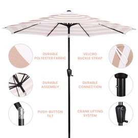 Sun-Ray 9' Round Patio Umbrella with Push-Button Tilt and Hand Crank Lift System, Market Umbrella in Taupe and White Stripe for Patio, Deck, and Yard