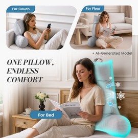 Amélie Home Cooling Reading Pillow with Arms for Adults, Breathable Waffle Fabric Bed Rest Pillow for Sitting Up, Ergonomic Back Support with Pockets for Gaming Relaxing, Cooling Gray, 29 Inches