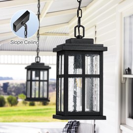 VIANIS Large Outdoor Pendant Light Fixtures, Modern Black Exterior Chandelier for Porch with Adjustable Chain, Die-cast Aluminum Waterproof Hanging Porch Light for Doorway with Tempered Seed Glass